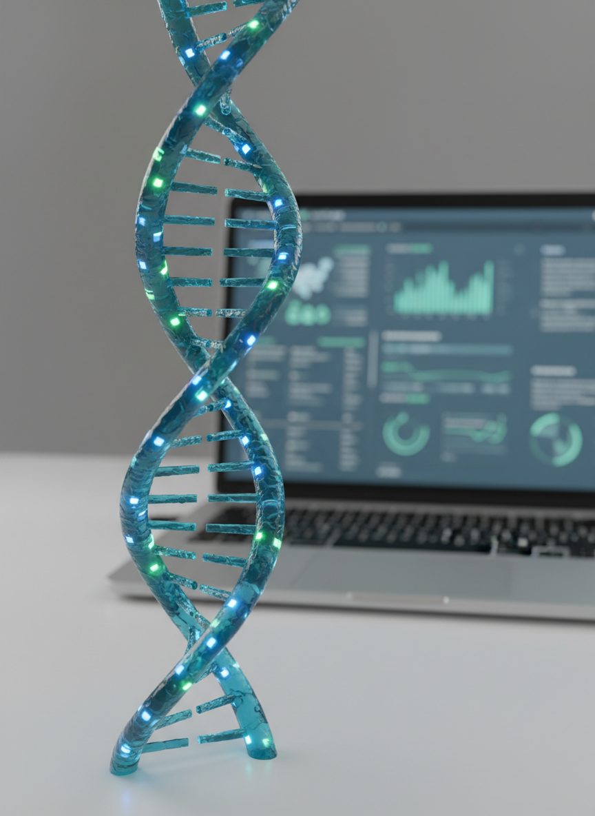 A close-up of a glossy, translucent 3D-printed model of a DNA double helix, its strands composed of semi-transparent blue and teal polymers, embedded with tiny LED-like nodes representing data points. The model stands on a matte white desk beside a slim laptop showing an out-of-focus simulation interface with graphs and timelines. Soft studio lighting from the left produces gentle highlights along the curved helix and subtle shadows on the desk. The atmosphere is analytical yet calm, conveying high-tech biotech research. Photographic realism, captured from a slightly low angle with shallow depth of field, emphasizing the helix as the focal symbol of digital health discovery.