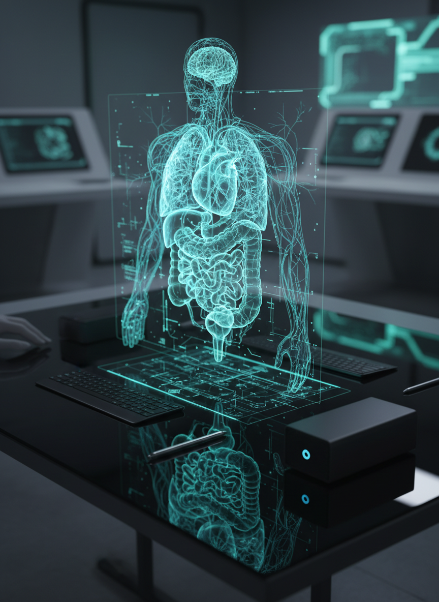An illuminated, semi-transparent holographic model of a human organ system projected above a minimalist black glass table, with intricate networks of blood vessels and neural pathways glowing in blues and greens. Around the hologram on the table sit neatly arranged, powered-off devices: a slim keyboard, a stylus, and a compact workstation tower with soft indicator lights. The room is darkened except for the cool, focused glow of the hologram, casting delicate reflections on the glass and soft light on nearby surfaces. The mood is futuristic and precise, suggesting advanced simulation capabilities. Photographic realism, captured from a slightly elevated three-quarter angle, with sharp focus on the hologram and a subtly blurred, sleek lab environment in the background.