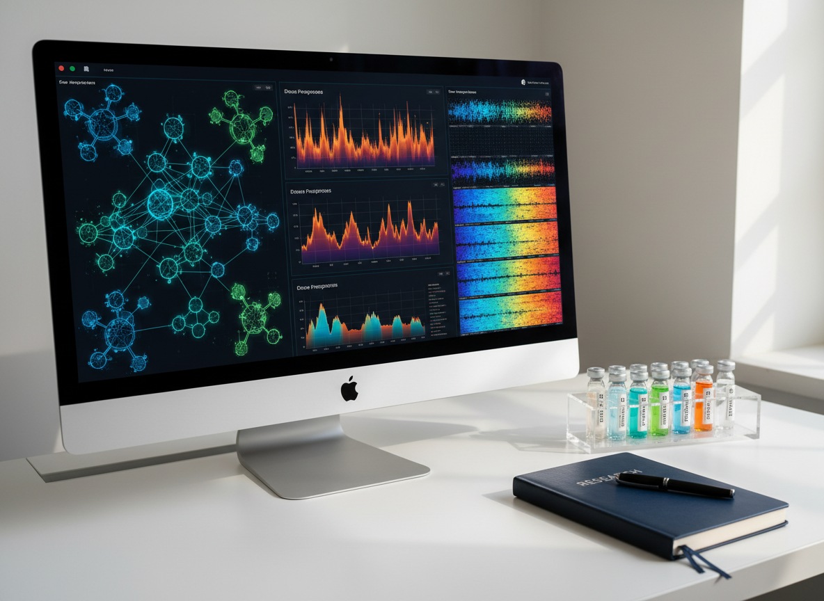 A widescreen monitor on a tidy white workstation displaying a detailed, multi-panel simulation of drug interactions: network graphs, dose-response curves, and heatmaps in vibrant blues, greens, and oranges against a dark interface. Beside the monitor, a closed lab notebook and a neatly aligned rack of labeled vials sit on the surface, adding tactile biotech context. Neutral, soft daylight streams from an unseen window to the right, balancing with the cool glow of the screen and casting gentle shadows. The mood is focused and methodical, highlighting the power of software in health discovery. Photographic realism, eye-level composition, with the monitor slightly off-center following the rule of thirds for a clean, professional SaaS dashboard illustration.