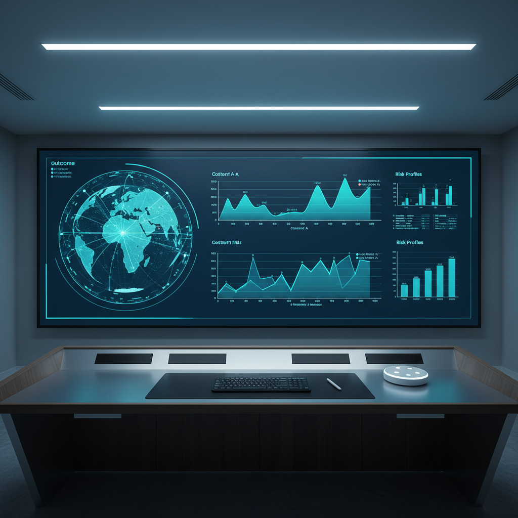 A large, wall-mounted digital dashboard in a modern research control room, visualizing a real-time simulation of global clinical trial outcomes with animated maps, survival curves, and risk profiles in coordinated blue and teal palettes. Below the screen, a minimalist console desk holds a wireless keyboard, a stylus, and a small, sleek hub device with soft white indicator lights. Indirect ceiling lighting combines with the screen’s cool glow, creating a focused yet calm environment. The composition is wide and cinematic, photographed straight-on with sharp clarity across the frame. The atmosphere is authoritative and data-driven, illustrating enterprise-level health biotech decision support for a professional SaaS audience.