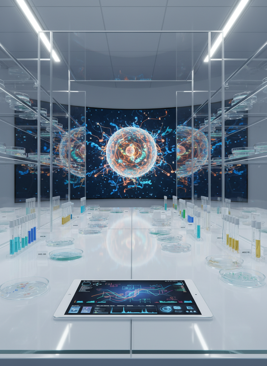 A sleek, glass-walled laboratory bench covered with transparent petri dishes, labeled microtubes, and a high-end tablet displaying a colorful simulation dashboard of molecular pathways. In the background, a large curved screen shows a 3D rendering of a human cell with animated signaling networks, softly blurred to keep focus on the bench. Cool, diffused overhead LED lighting creates crisp reflections on the polished white surface and clear plastics. The mood is cutting-edge and professional, emphasizing precision and digital innovation in health biotech. Shot at eye level with a moderate depth of field, photographic realism, and a clean, modern aesthetic suitable for a SaaS platform homepage hero image.