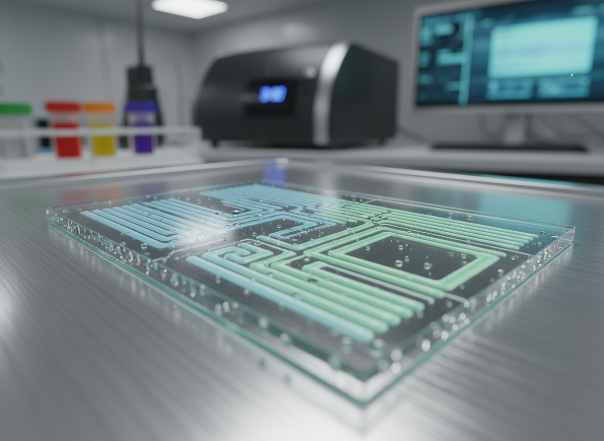 A high-resolution macro view of a microfluidic chip resting on a brushed aluminum surface, its tiny etched channels filled with faintly tinted blue and green fluids representing different biological samples. Fine condensation droplets catch the light along the chip edges, emphasizing scale and precision. In the softly blurred background, out-of-focus elements hint at an advanced lab: a rack of colored reagents, the corner of a digital analyzer, and a cool-toned monitor glow. Overhead diffused lab lighting creates even illumination with subtle metallic reflections. The mood is meticulous and innovative, perfect for showcasing biotech hardware that feeds into simulation software. Photographic realism, captured from a low, slightly diagonal macro angle to emphasize intricate detail and technical sophistication.